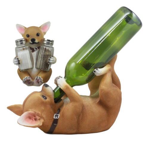 Ebros Picante Teacup Tan Chihuahua Puppy Wine Holder and Salt Pepper Shakers Holder Figurine Set
