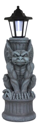 Ebros Gothic Gargoyle Statue with Solar LED Lantern Light Post 20" Tall Figurine - Ebros Gift