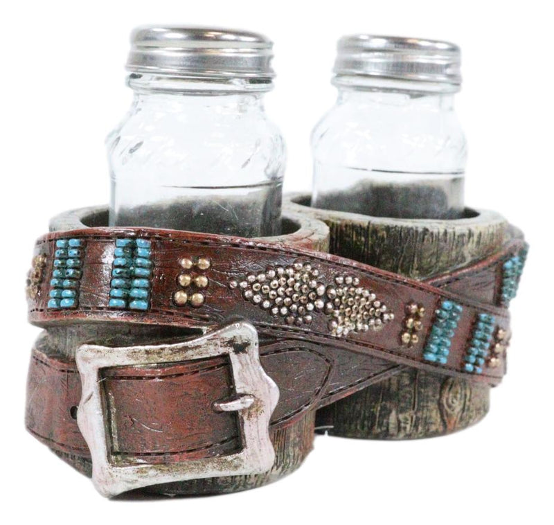 Rustic Western Cowboy Faux Leather Belt On Wood Salt Pepper Shakers Holder