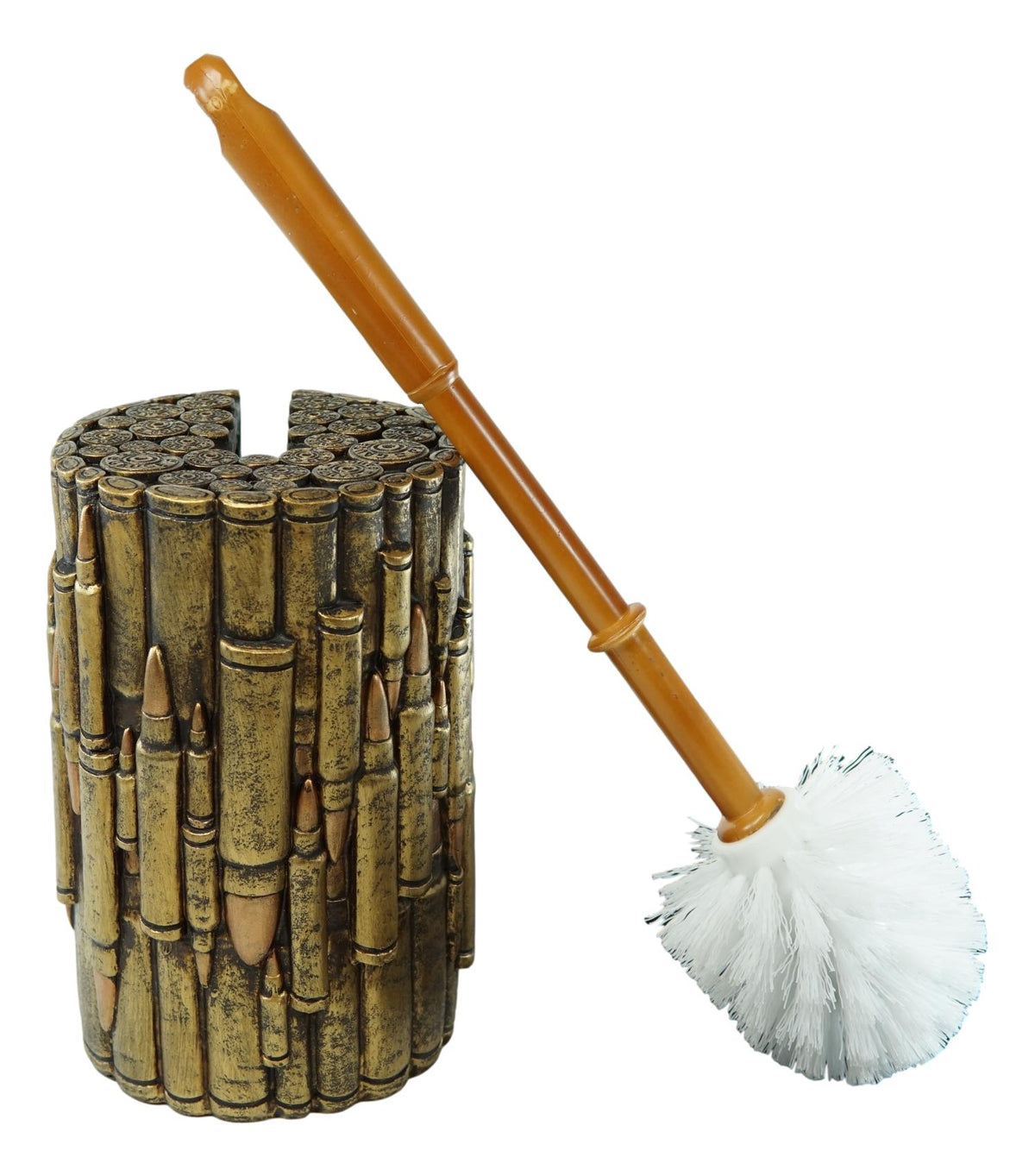 Western Military Rifle Ammo Shells Gold Tone Bullets Toilet Brush and Holder Set - Ebros Gift
