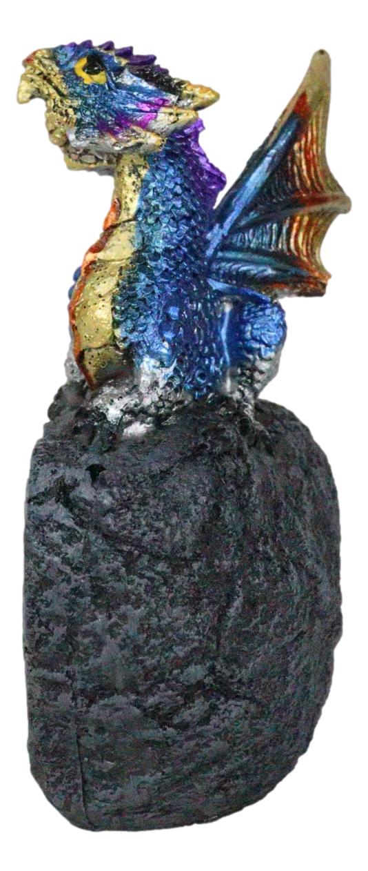 Metallic Blue Iridescent Wyrmling Dragon On Faux Geode Crystal Rock Figurine