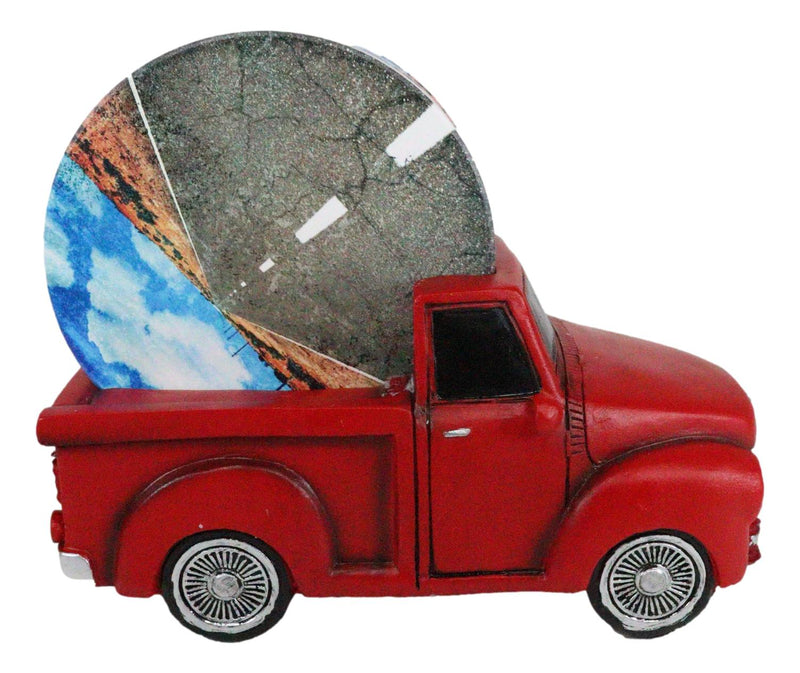 Vintage Red Pickup Truck Hauling Road Trip Route 66 Decal Coasters Figurine Set