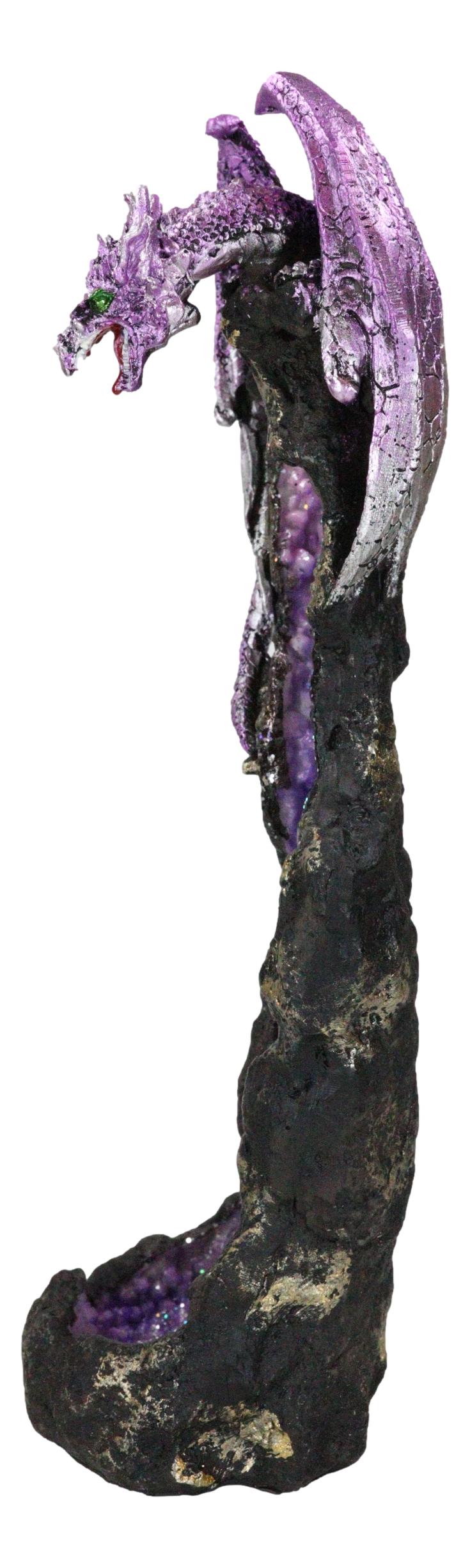 Purple Dragon On Geode Rock Gemstone Quartz Pillar Incense Burner Figurine