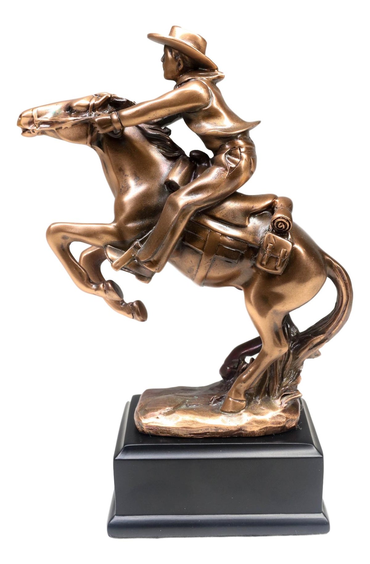 Wild West Cowboy With Rearing Horse In Pursuit Bronze Electroplated Figurine - Ebros Gift