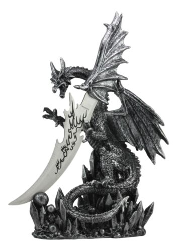 Large Dreamwork Fantasy Obsidian Dragon Statue With Fire Dagger Letter Opener