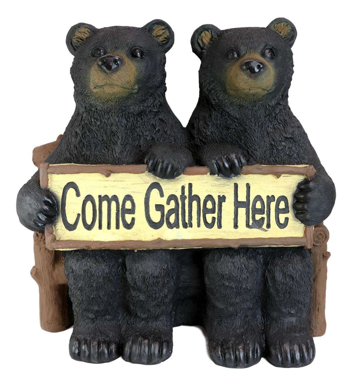 Large 21"L Rustic Forest Twin Black Bears On Park Bench Holding Sign Statue