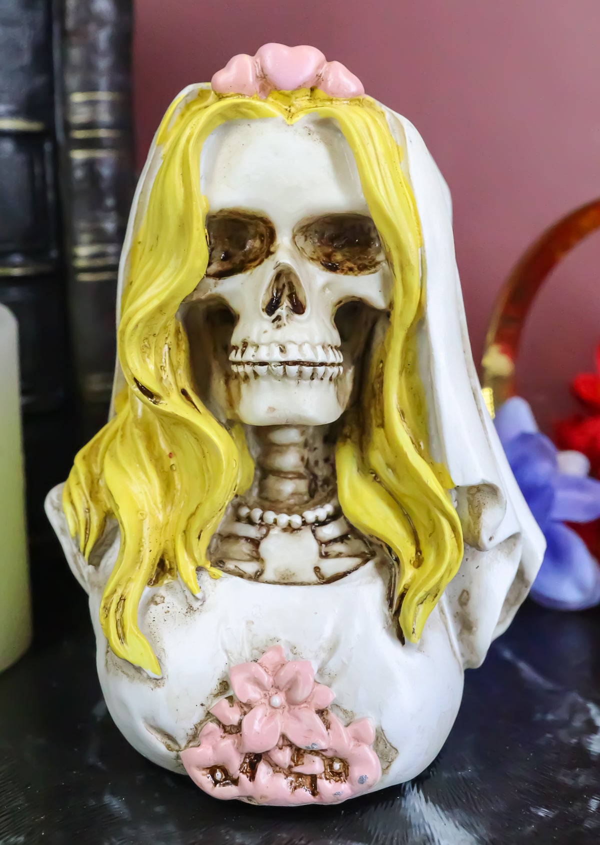 Day of The Dead DOD Skeleton Bride with Pink Flowers and Hearts Mini Figurine