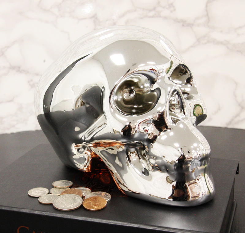 Electroplated Shiny Chrome Cranium Skull Head Money Bank Resin Figurine 7.5"L