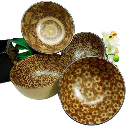 Ebros Made in Japan Tan Floral Ochawan Rice Soup Salad Porcelain Bowls Set of 4 - Ebros Gift