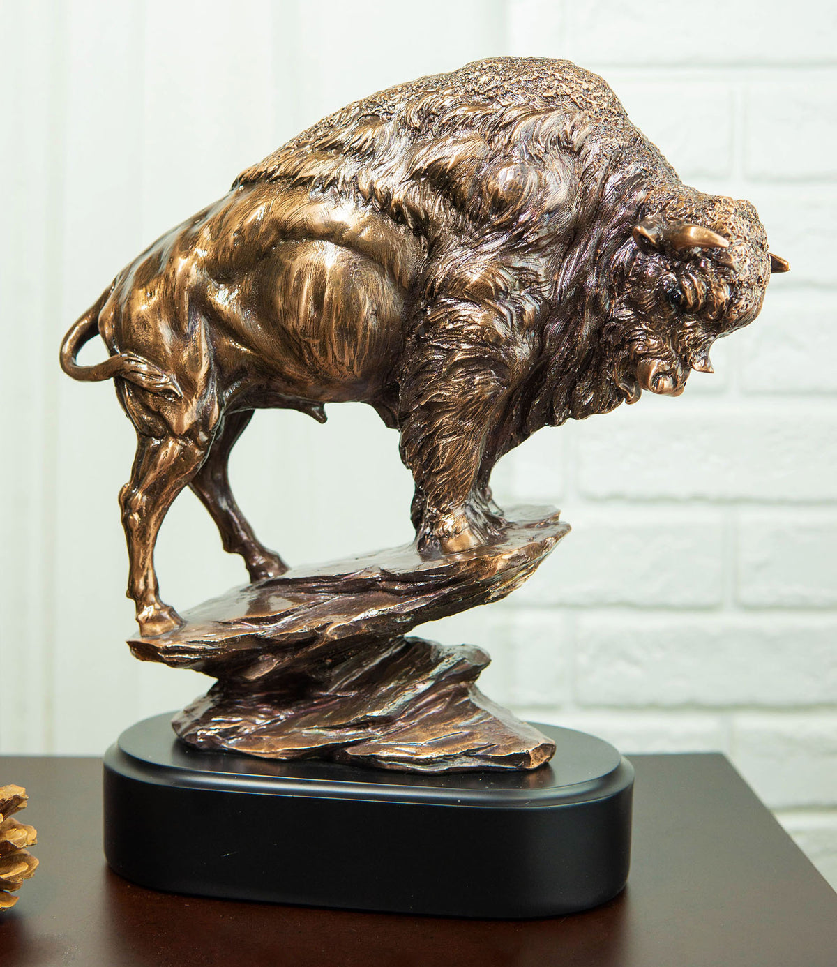 Buffalo Jump American Bison On Cliff Edge Bronze Electroplated Finish Statue - Ebros Gift