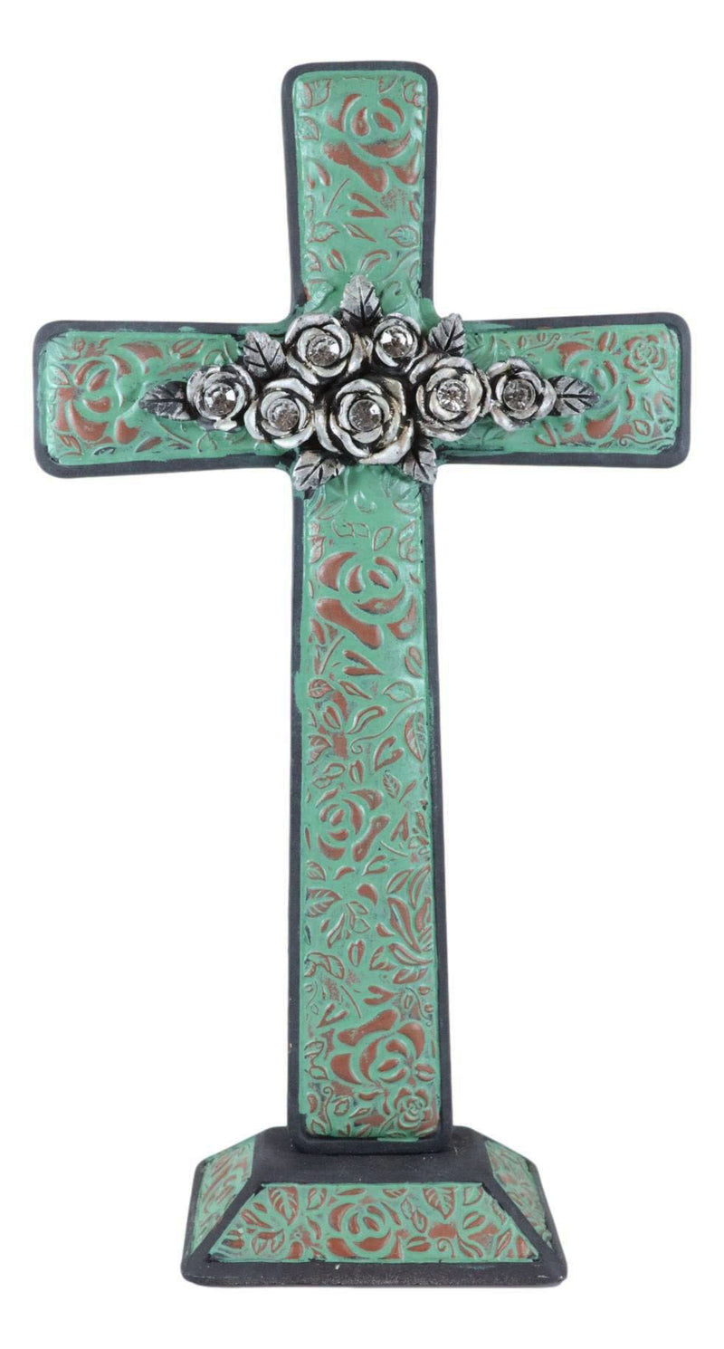 Rustic Western Turquoise Floral Scroll With Silver Roses Standing Cross Statue