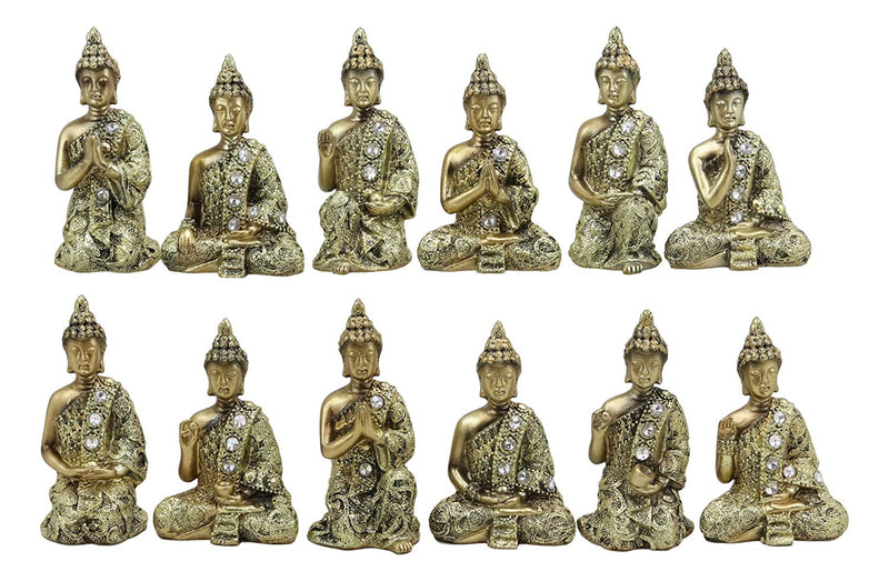 Golden Miniature Meditating Buddha Amitabha Many Mudra Poses Figurine Set of 12