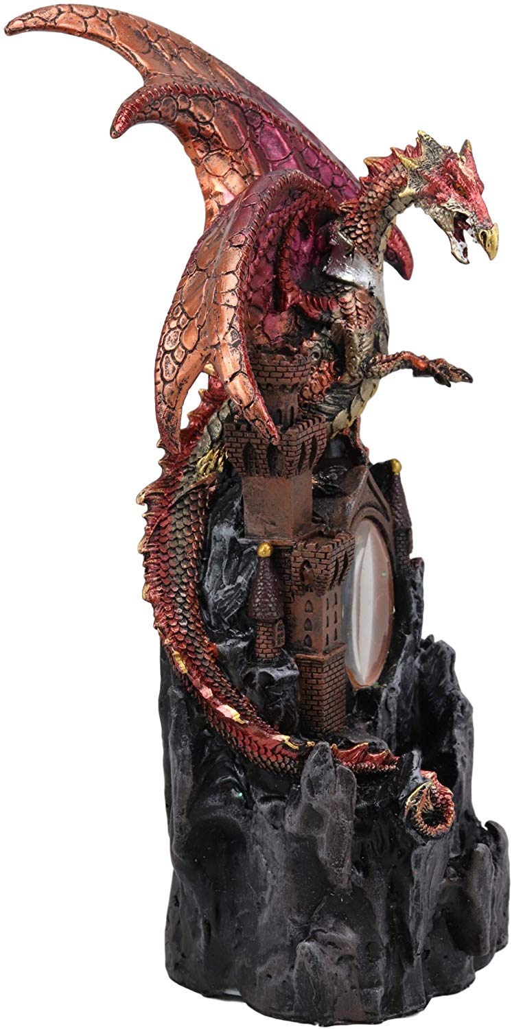 Ebros Large Red Fire Dragon On Rocky Castle Statue With Wizard LED Light Glass Ball - Ebros Gift