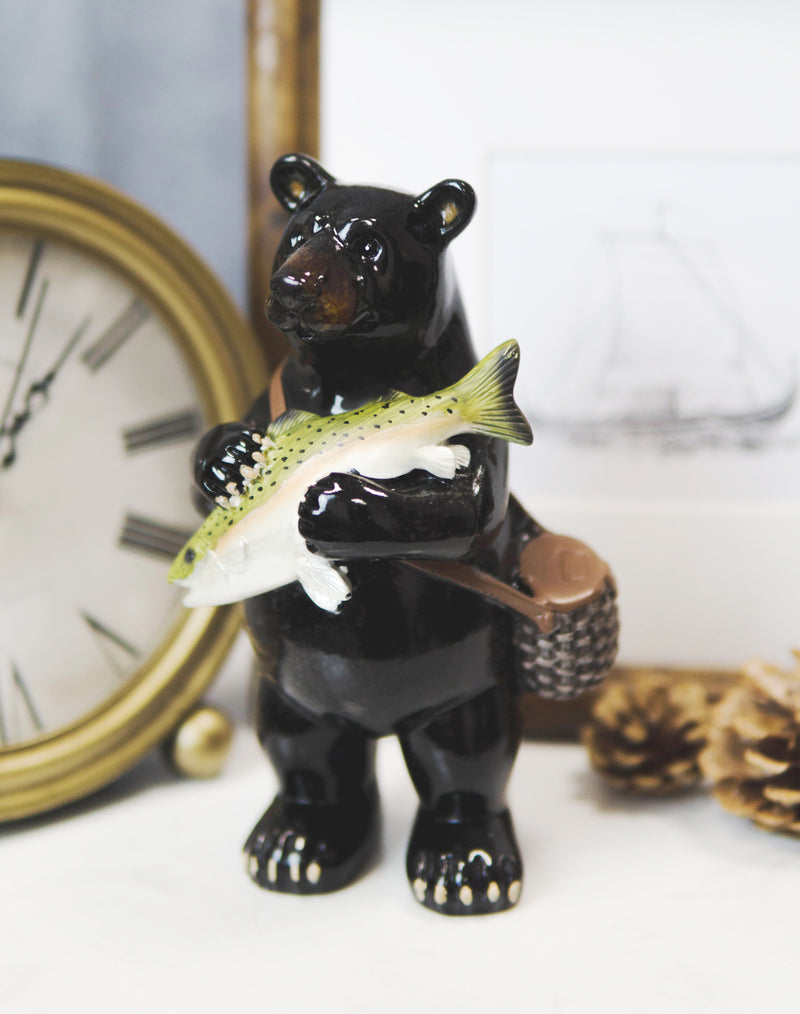 Western Rustic Fishing Black Bear Holding Largemouth Bass Fish Figurine Bears