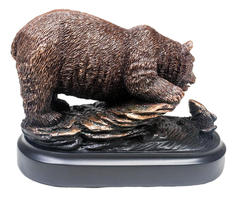 Woodlands Grizzly Bear By River Rock Catching Fish Bronze Electroplated Figurine