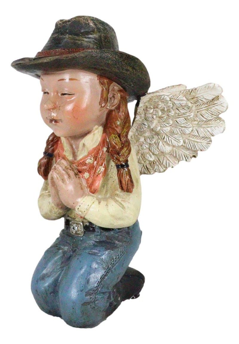 Rustic Western Cowgirl Angel Wearing Hat And Jean Praying On Her Knees Figurine