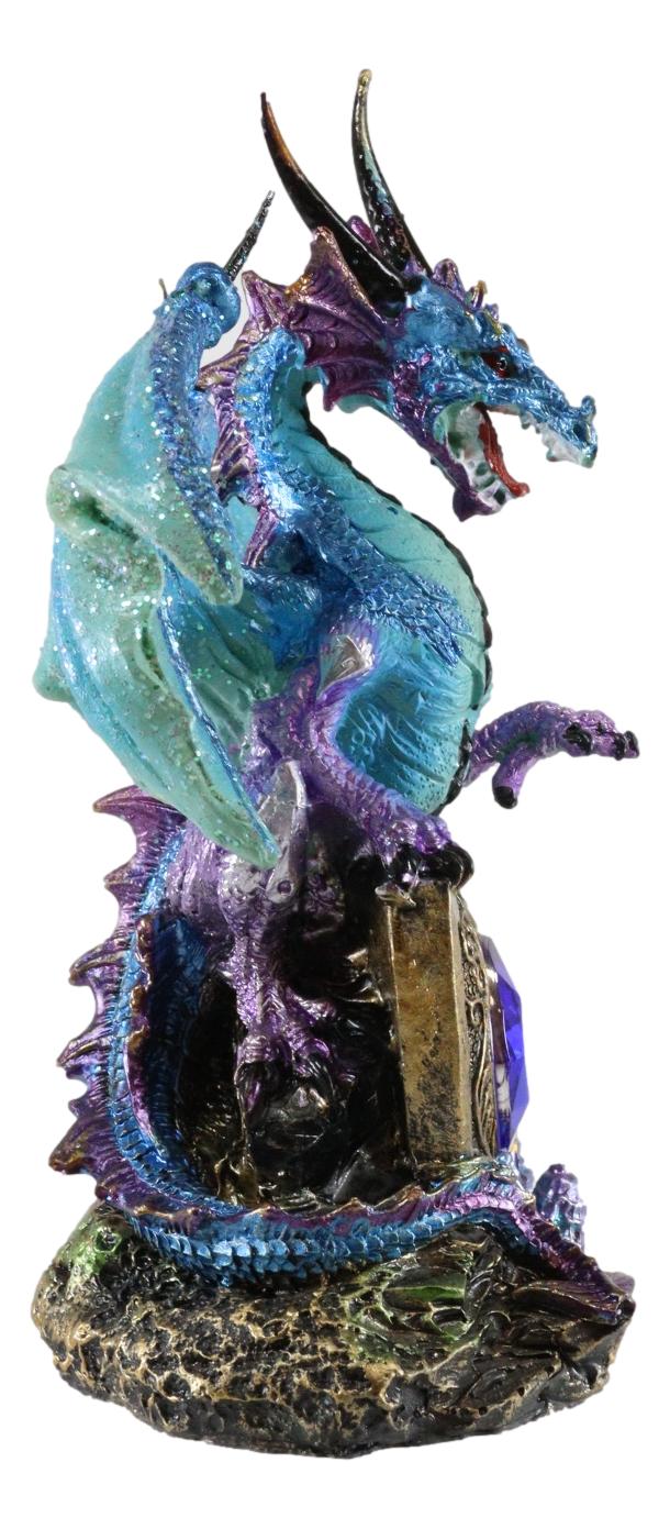 Aqua Azure Dragon Guarding Blue Saphire Ancient Relic Stone Figurine Collectible - Ebros Gift