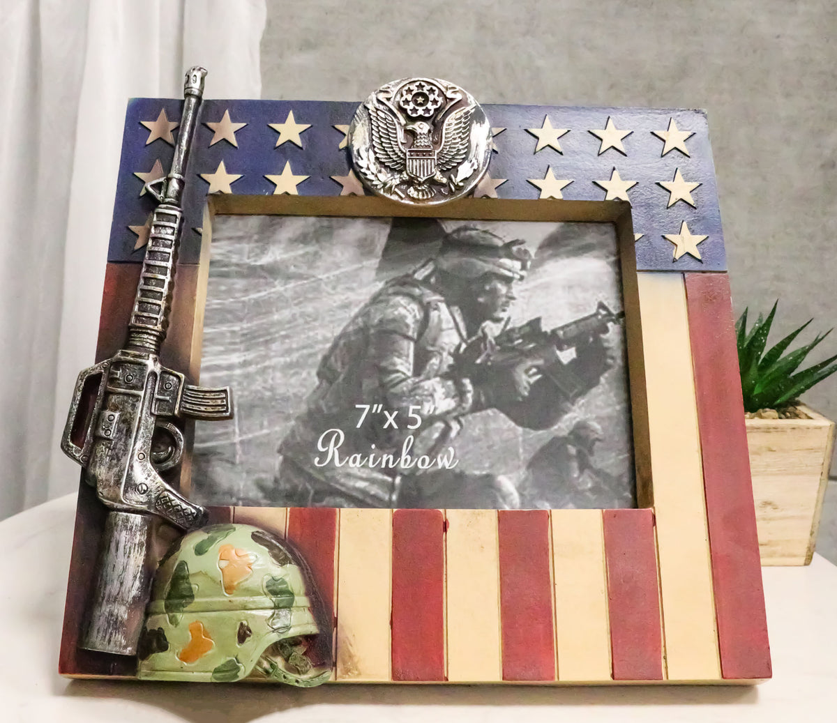 Patriotic American US Flag Army Rifle Helmet Soldier Memorial 5x7 Picture Frame