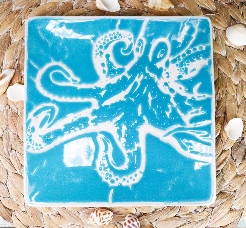 Ebros Nautical Sea Giant Octopus Blue Salad Dessert Plate Set of 2 Square 8.5"