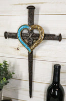 Ebros Faux Bronze Rusted Look Crucifix Driven Nails with Gold and Turquoise Heart Center Wall Cross Decor Plaque Vintage Art Hanging Sculpture 16.5" Tall