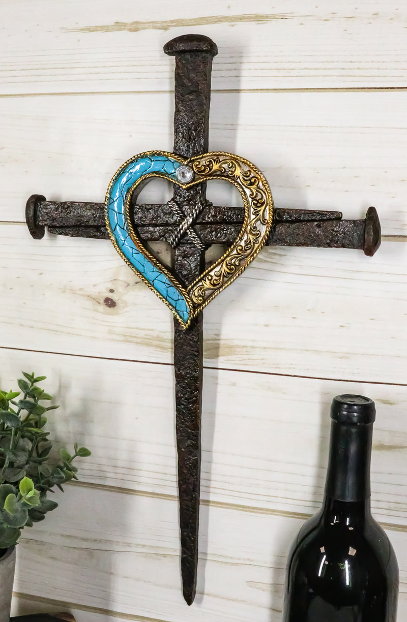 Ebros Faux Bronze Rusted Look Crucifix Driven Nails with Gold and Turquoise Heart Center Wall Cross Decor Plaque Vintage Art Hanging Sculpture 16.5" Tall