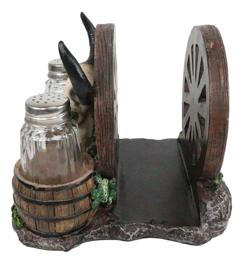 Ebros Western Bull Skull By Wheel Wagon And Barrels Salt Pepper Shakers Napkin Holder
