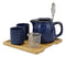 Ebros Navy Blue Contemporary Ceramic 20oz Tea Pot With 2 Cups And Bamboo Tray Set