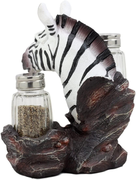 African Safari Equine Zebra Horse Glass Salt Pepper Shakers Holder Set Figurine
