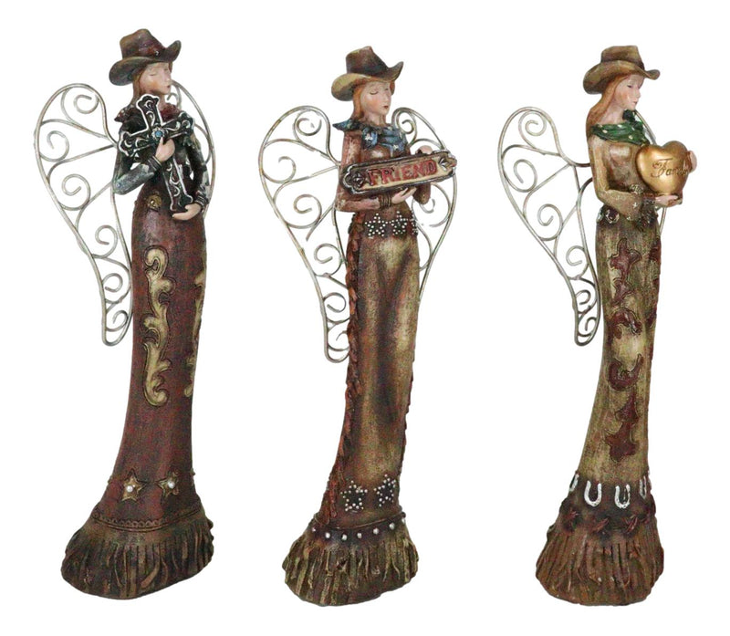 Set Of 3 Western Cowgirl Angels With Family Heart Cross Friend Sign Figurines