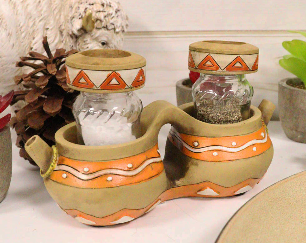 Southwest Indian Turquoise Feathers Pottery Jars Salt And Pepper Shakers Holder - Ebros Gift