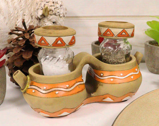 Southwest Indian Turquoise Feathers Pottery Jars Salt And Pepper Shakers Holder - Ebros Gift