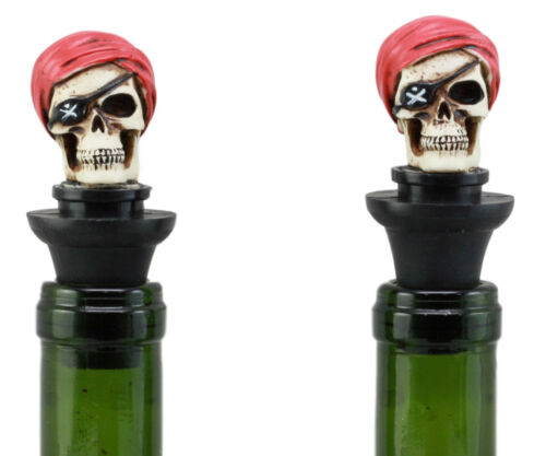 Ebros Day of The Dead Captain Hook Pirate Skull With Red Bandanna Wine Stoppers Set of 2 Collectible Figurine Bottle Toppers Kitchen Accessory Buccaneer Pirates