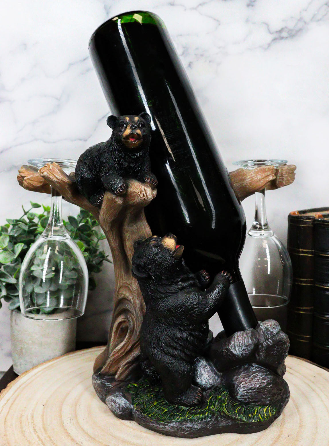 Ebros Gift 10" Tall Climbing Black Bear Liquor Wine Glasses and Bottle Valet Holder Decorative Figurine