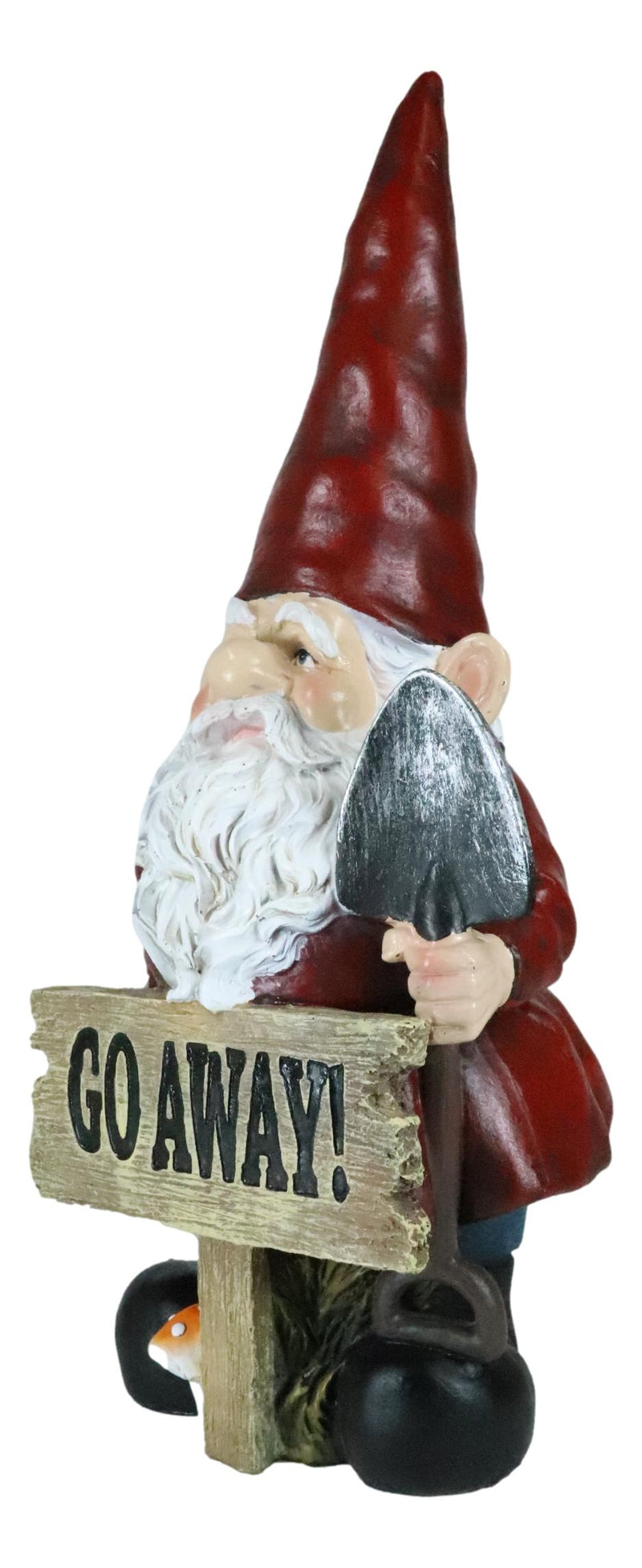 Grumpy Mr Gnome Grandpa With Shovel Standing By 'Go Away!' Yard Sign Figurine