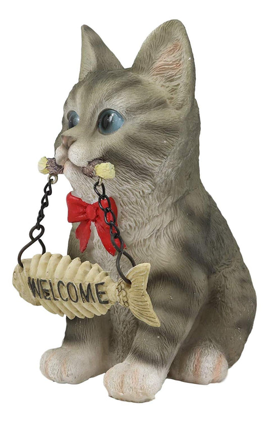 Set of 4 Cats Black White Tabby Grey Kittens With Fish Bones Welcome Figurines