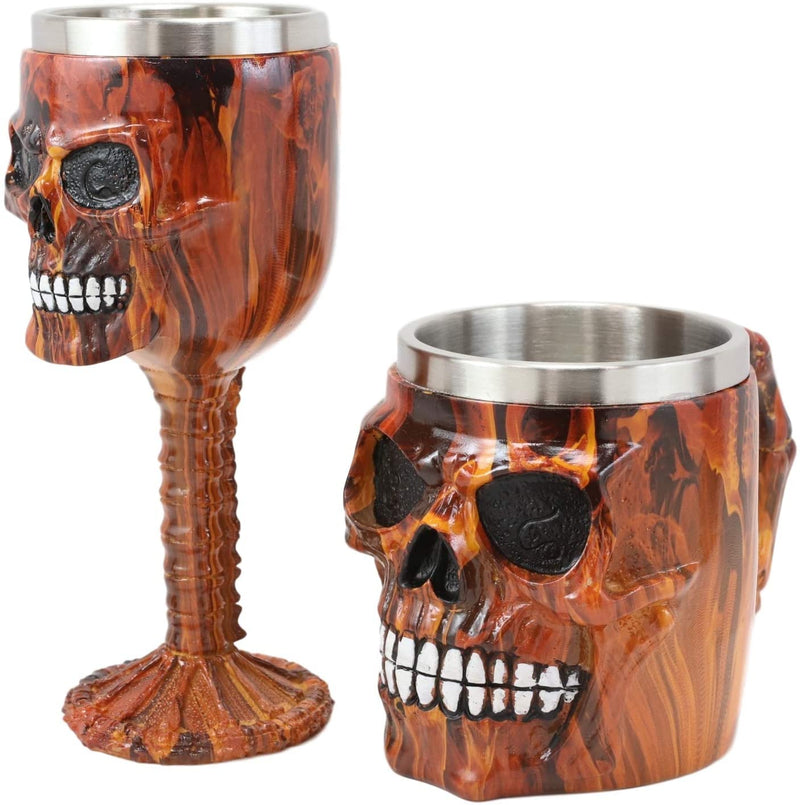 Ebros Inferno Fire Skull Face Wine Goblet And Mug Set Beverage Drinkware Barware