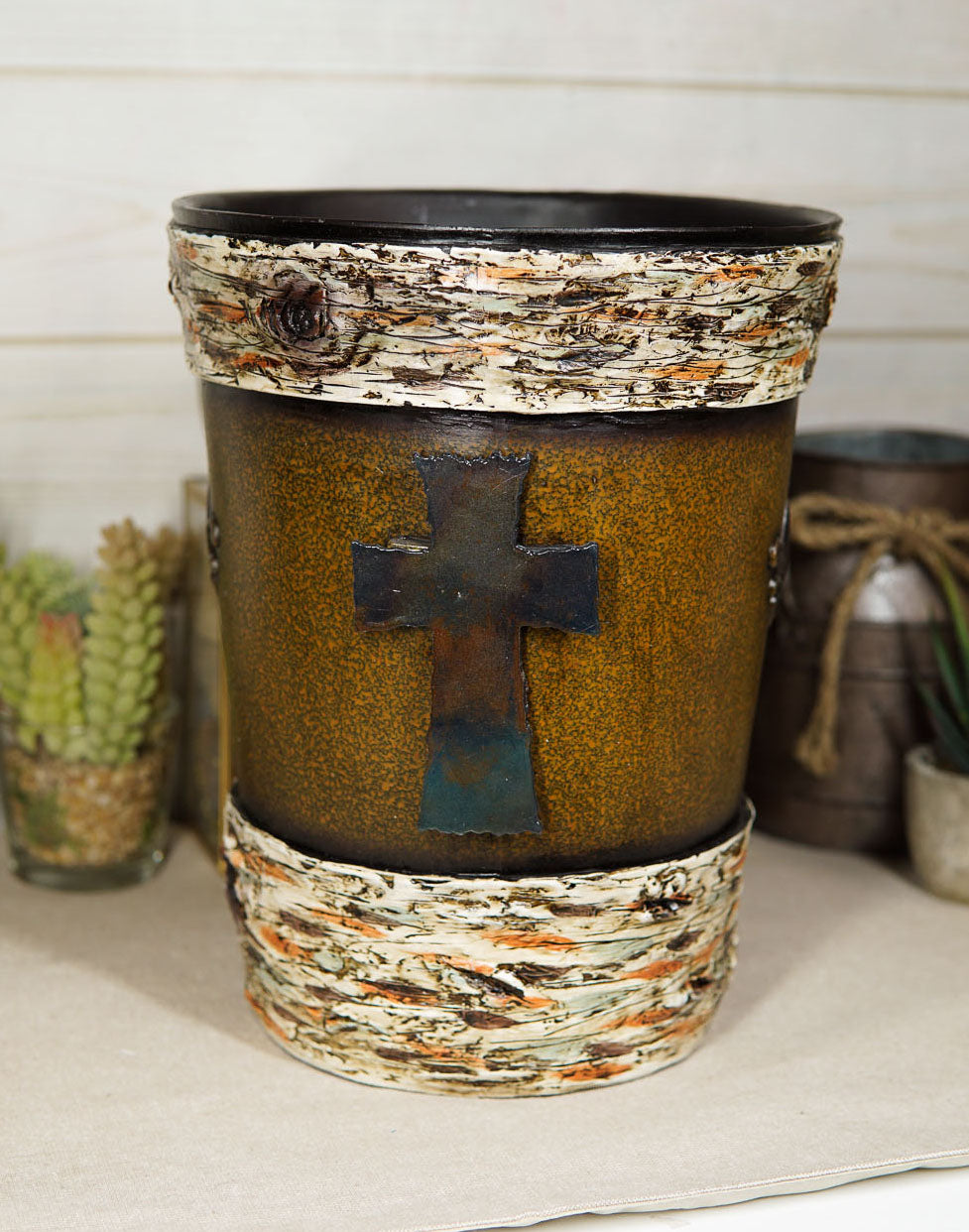 Rustic Western Fleur De Lis Cross With Birchwood Accent Waste Basket Trash Bin