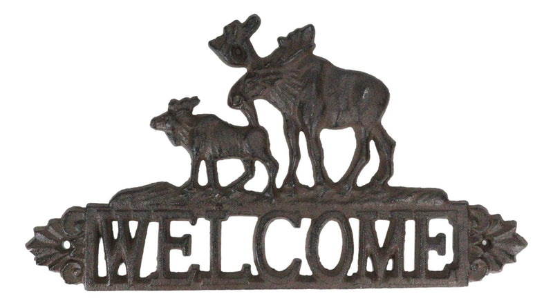 Cast Iron Rustic Forest Elk Moose With Calf Floral Wall Welcome Sign Cutout