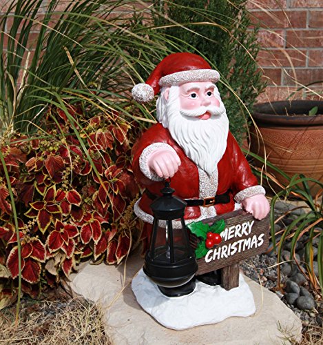 Ebros Jolly Seasons Merry Christmas Santa Claus Holding Greeting Sign Decorative Statue With Solar LED Light Lantern Lamp 16.5"H As Home Patio Welcome Entrance Decor Guest Greeter Figurine - Ebros Gift