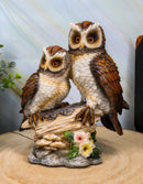 Romantic 2 Great Horned Owl Couple On Tree Stump Statue 6.25"H Valentines Owls