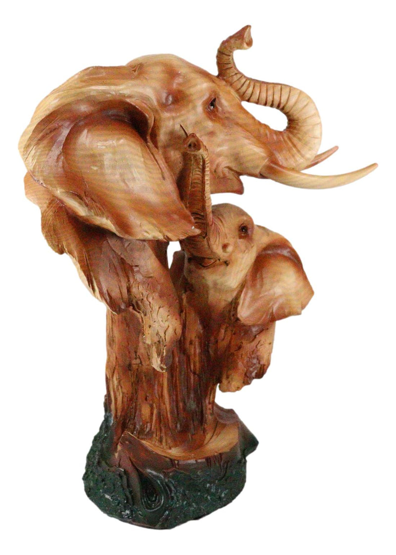 Safari Wildlife Elephant Father And Calf With Trunk Up Bust Faux Wood Figurine