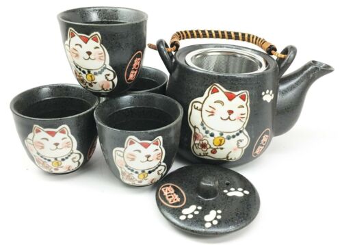 Ebros Japanese Maneki Neko Cat Black Tea Set Pot and Cups Serves 4 Ceramic Decor