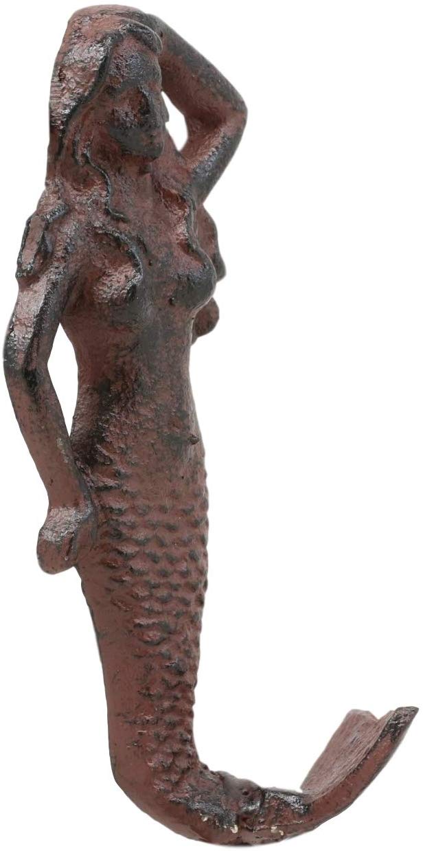 Ebros Gift 6" Tall Cast Iron Rustic Vintage Finish Wall Coat Hook Mermaids Decorative Accent Hooks for Keys Leashes Hats (4)