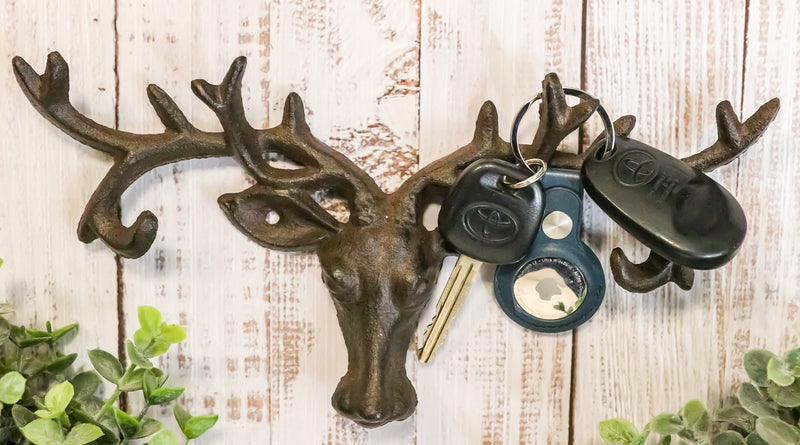 Cast Iron Vintage Western Rustic Stag Deer with Crown Antlers Wall Key Hooks