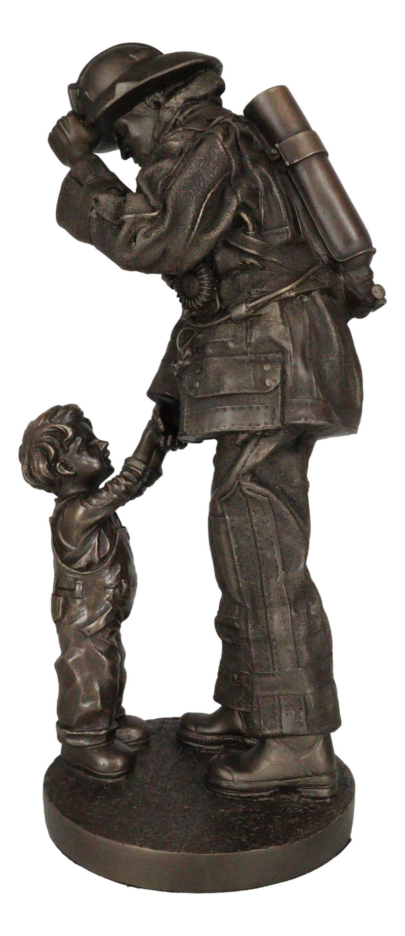 Civil Servant Fire Fighter Large Child Shaking Hands and Thanking Fireman Statue