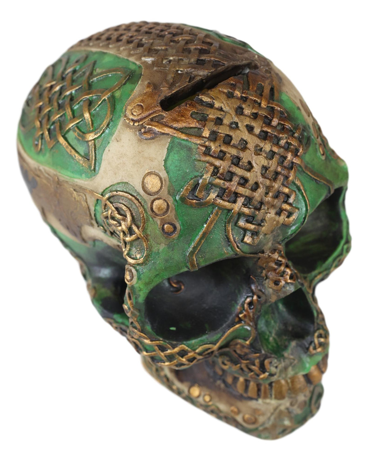 Ebros Gift Celtic Knotwork Shamrock Lion Green Gold Skull Money Bank Figurine Ossuary Labyrinth Dark Arts Decor Statue