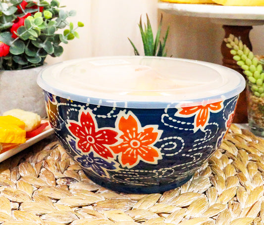 Ebros Set of 2 Ceramic Blue Cherry Blossoms Portion Meal Bowls 5 Cups Airtight Lid