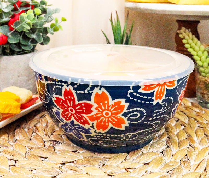 Ebros Set of 2 Ceramic Blue Cherry Blossoms Portion Meal Bowls 5 Cups Airtight Lid