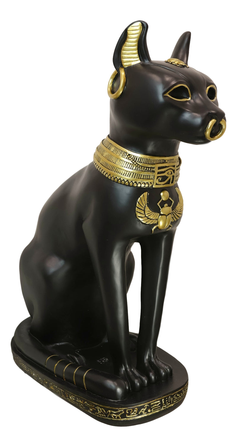 Large Black And Gold Egyptian Goddess Cat Bastet With Scarab Amulet Statue 37"H