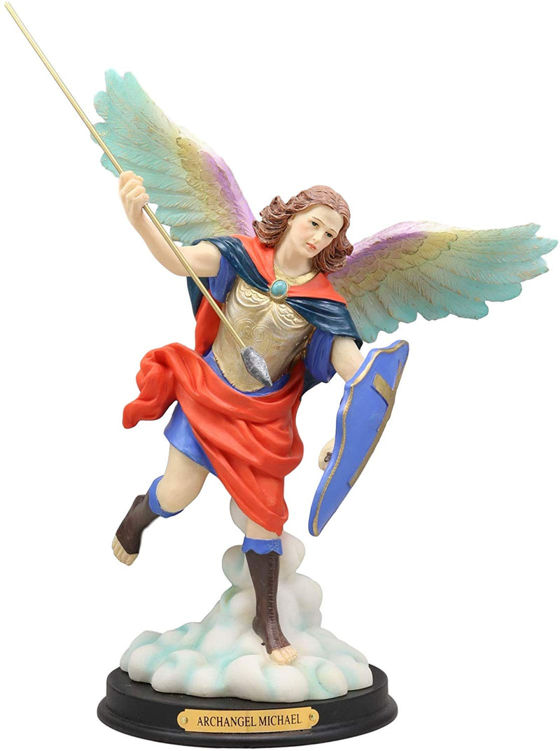 Ebros Colorful Archangel Saint Michael Throwing Javelin Spear Statue 10" Tall Champion Angel of God Guardian of The Church Battle of Armageddon Decor Altar Figurine